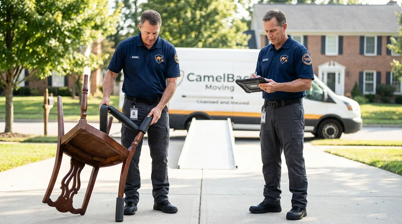 Movers inspecting furniture for damage prevention before loading in Aviston, IL
