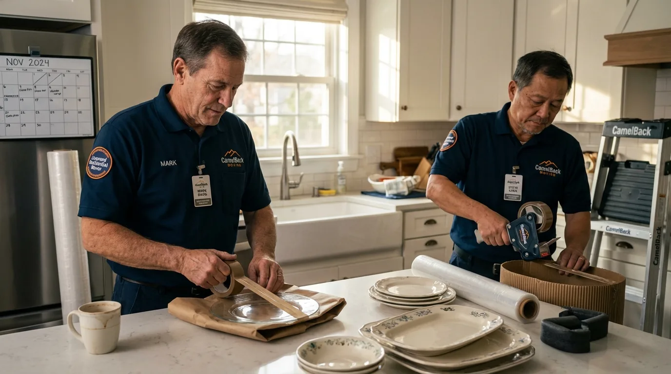 Professional crew packing kitchen dishware in Aviston, IL